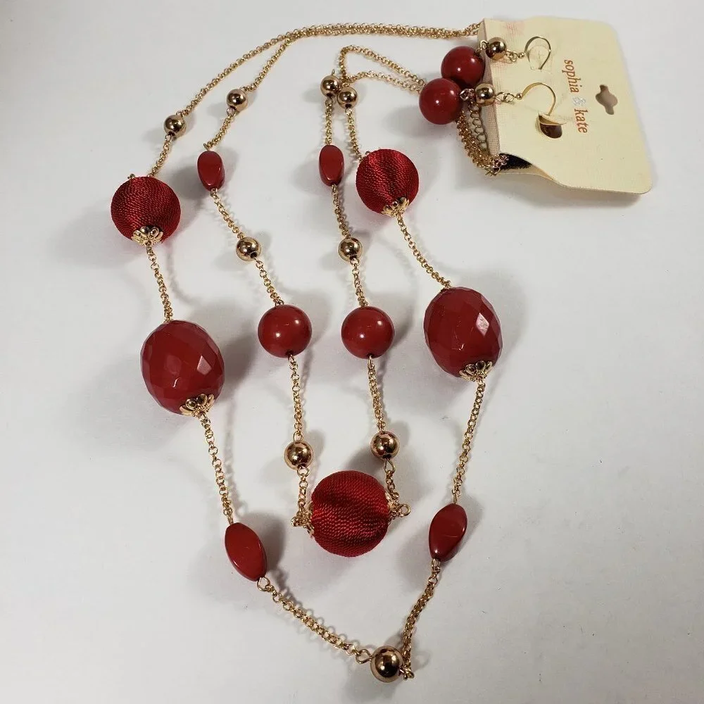 Elegant Red & Gold Beaded Necklace and Earrings Set — Festive Statement Jewelry